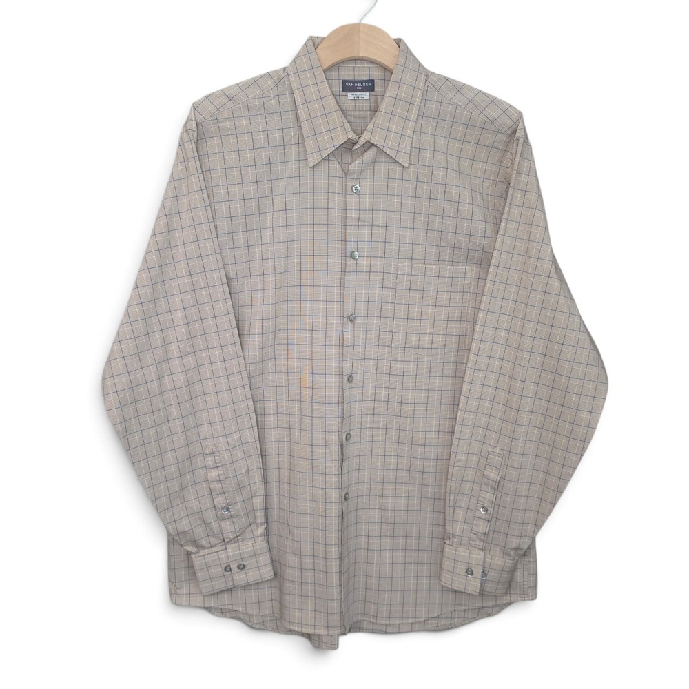 Van Heusen Flex Dress Shirt Mens 17 34/35 XL Beige Plaid Stretch Long Sleeve